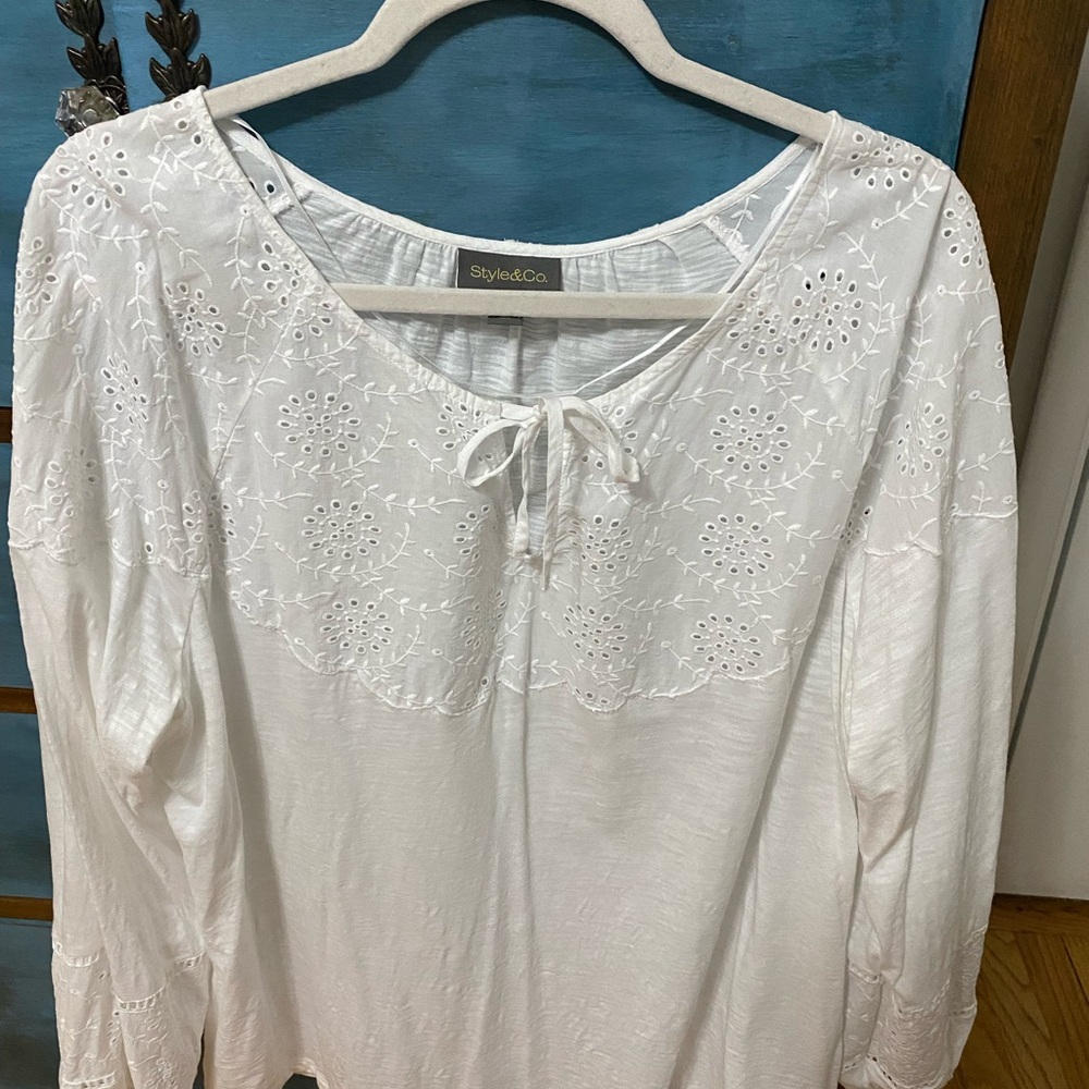 Style & Co. White Relaxed Tie Front Blouse